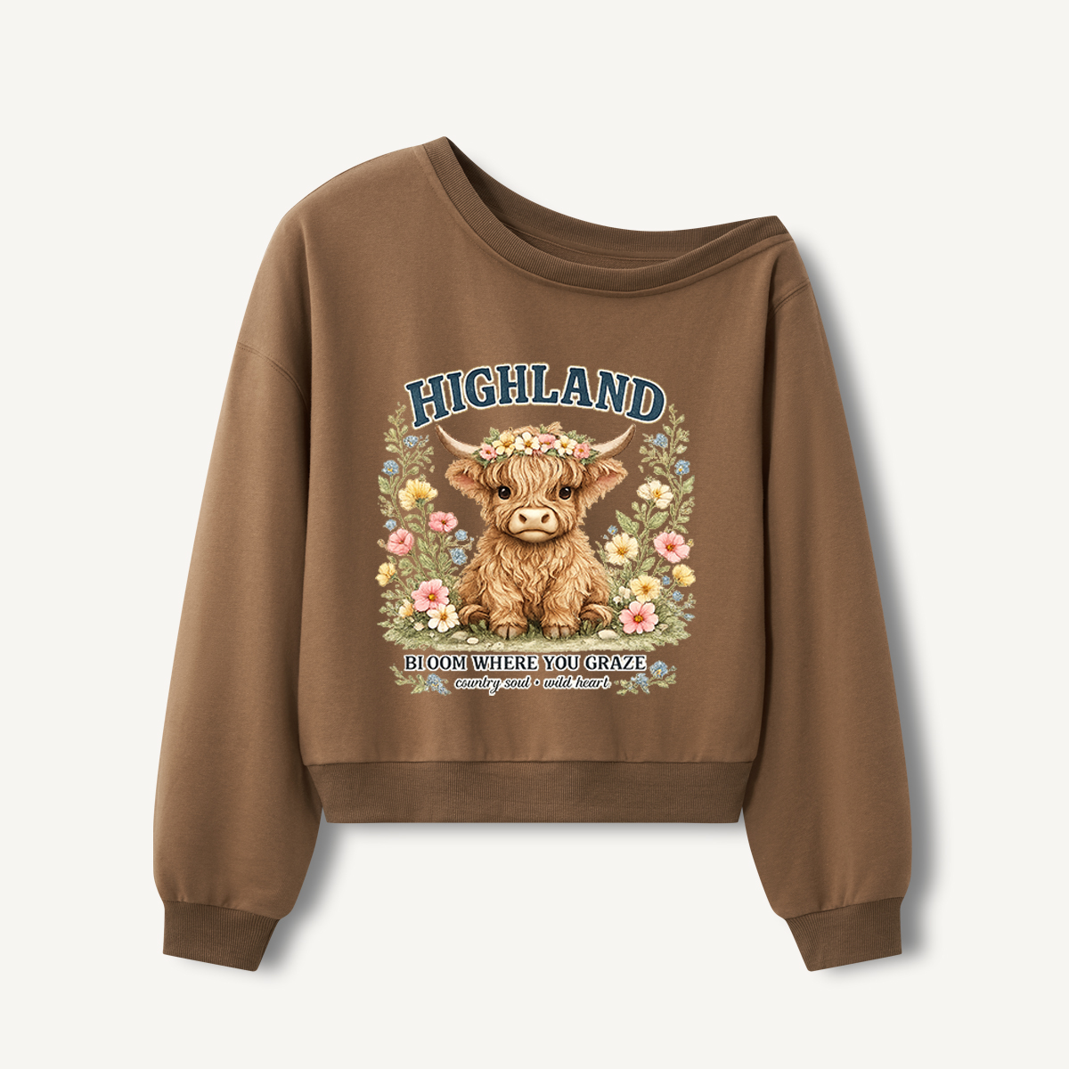 Highland Cow Wildflower Print Off Shoulder Sweatshirts 