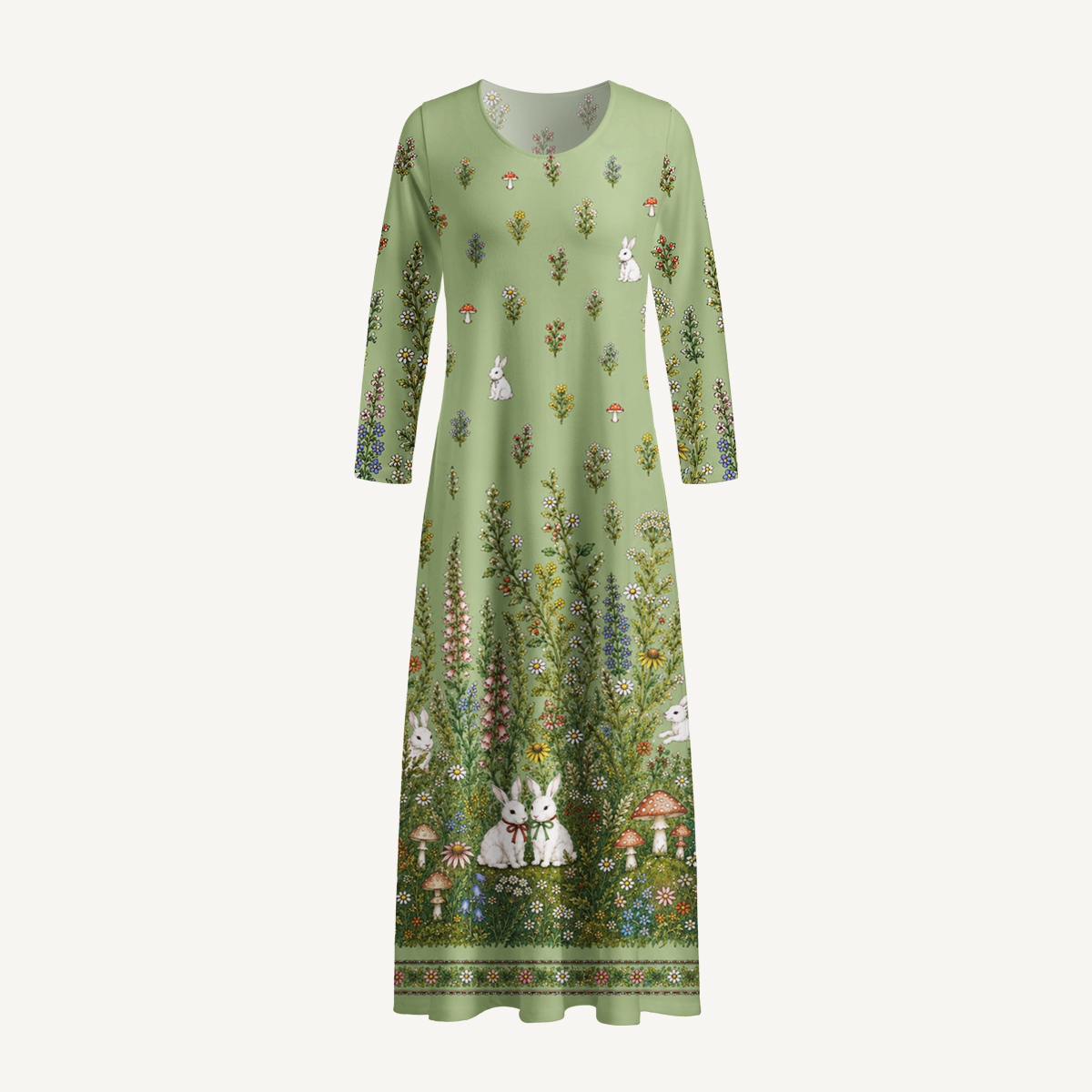 Bunny Meadow Garden Print Soft-Touch Stretch Knit Long Sleeve Maxi Dress with Pockets