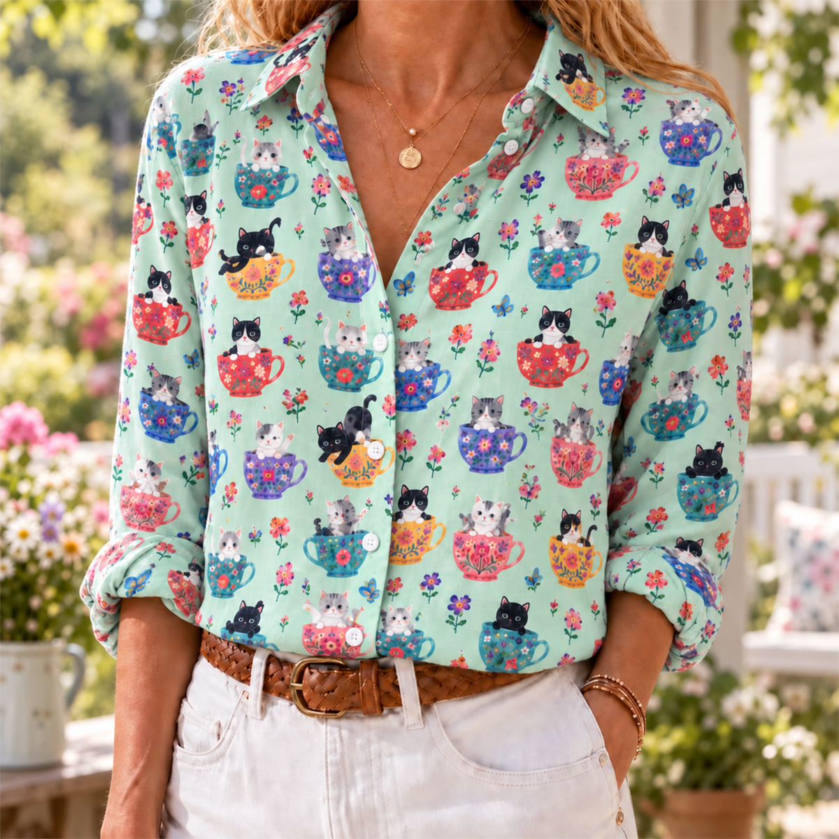 Cute Teacup Kitten Long-Sleeve Button-Up Shirt