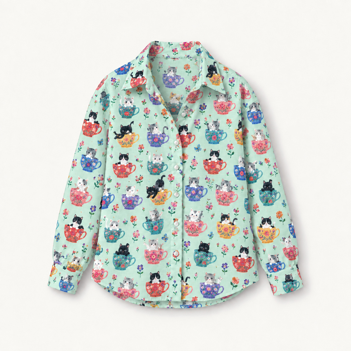 Cute Teacup Kitten Long-Sleeve Button-Up Shirt