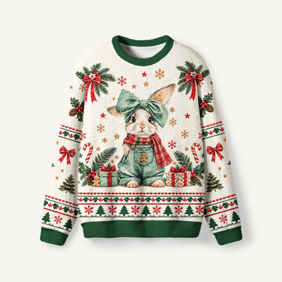Christmas Bunny & Holly Fuzzy Crewneck Sweater