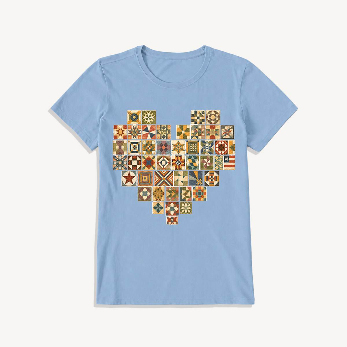 Vintage Quilt Block Heart Print Crew Neck Cotton Tee