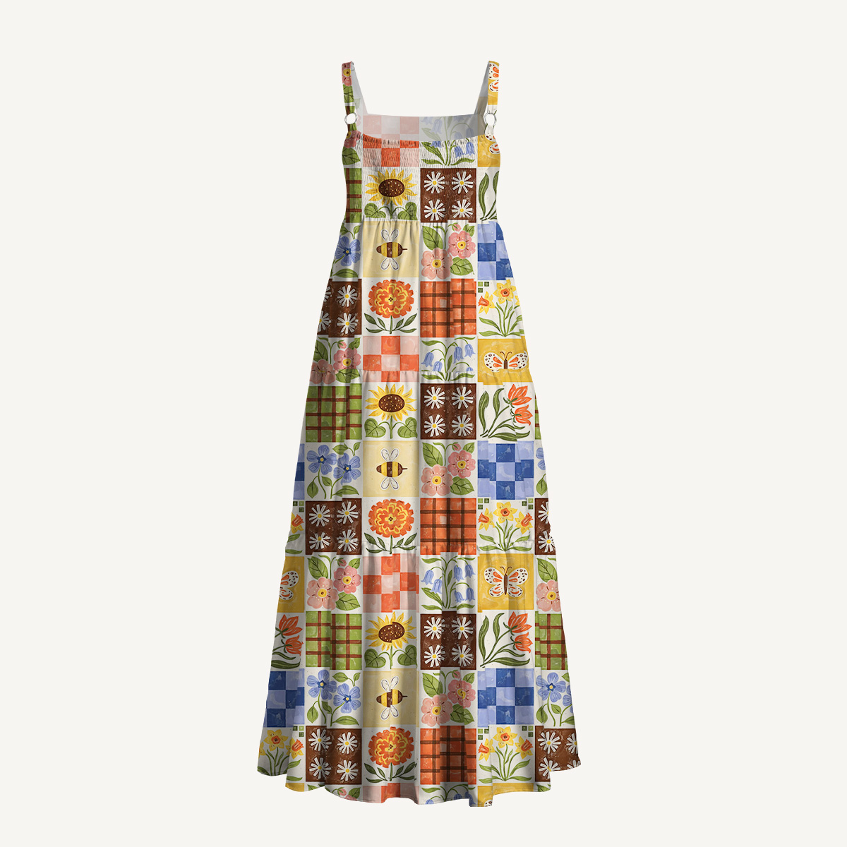 Vintage Patchwork Floral Print Wide Straps Maxi Dress With Pockets
