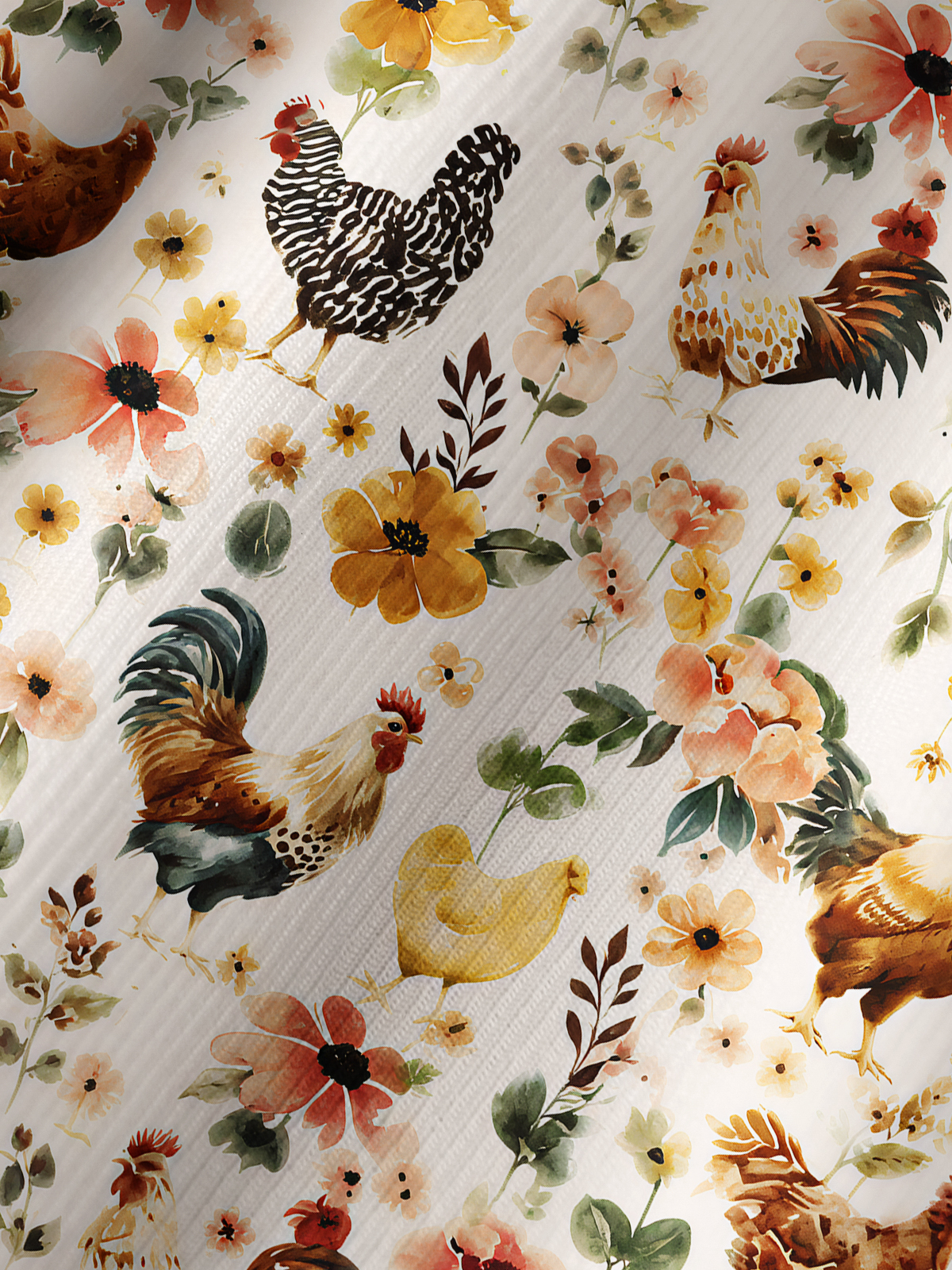 Watercolor Chicken Floral Print Boho Long Sleeve Tie‑Neck Blouse