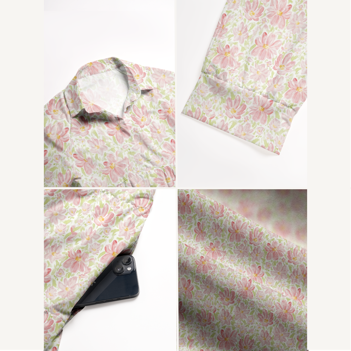 V Neck Collared Cosmos Flower Casual Long Shirt Dress