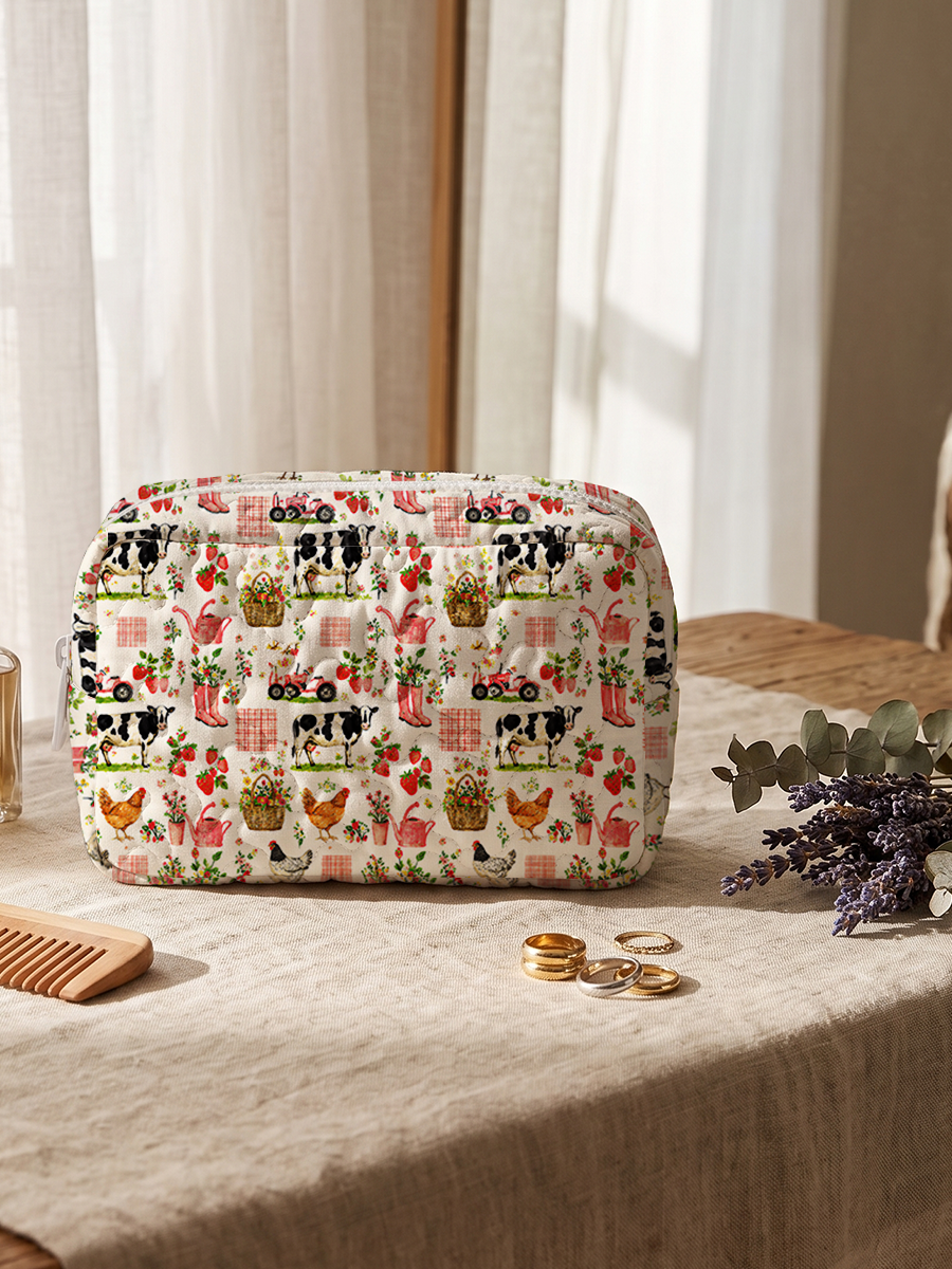 Watercolor Pink Farm Chicken Print Cloud Quilted Cosmetic Pouch