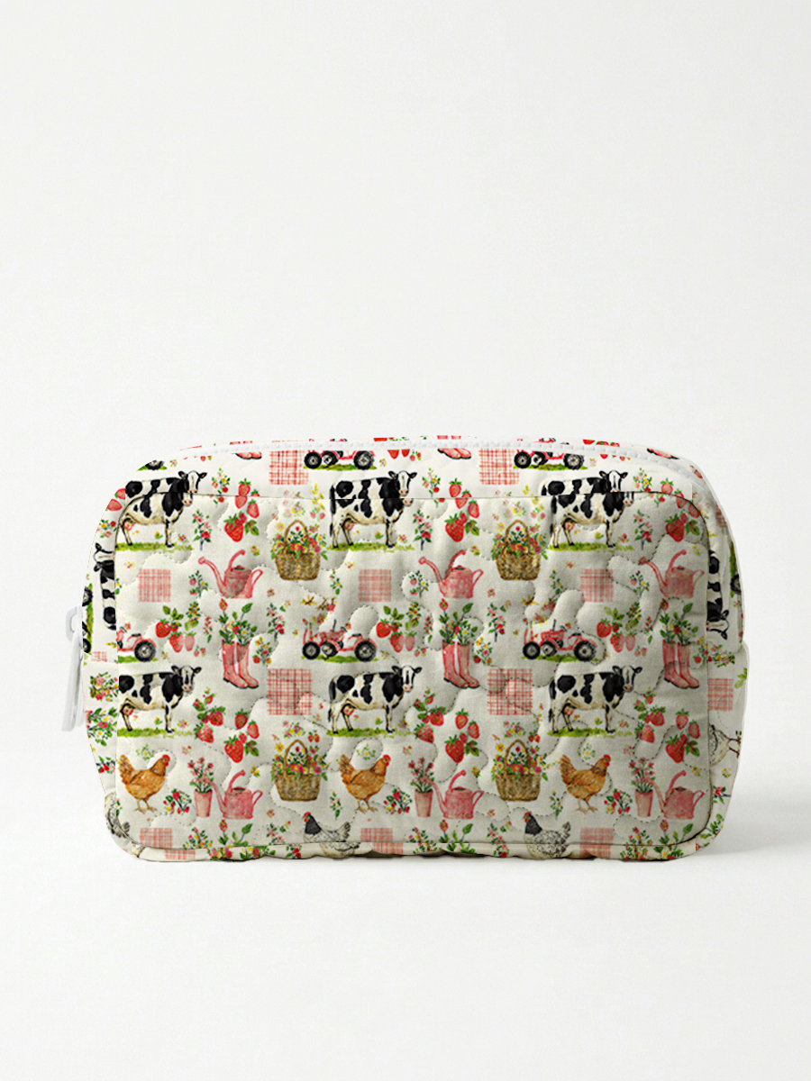 Watercolor Pink Farm Chicken Print Cloud Quilted Cosmetic Pouch