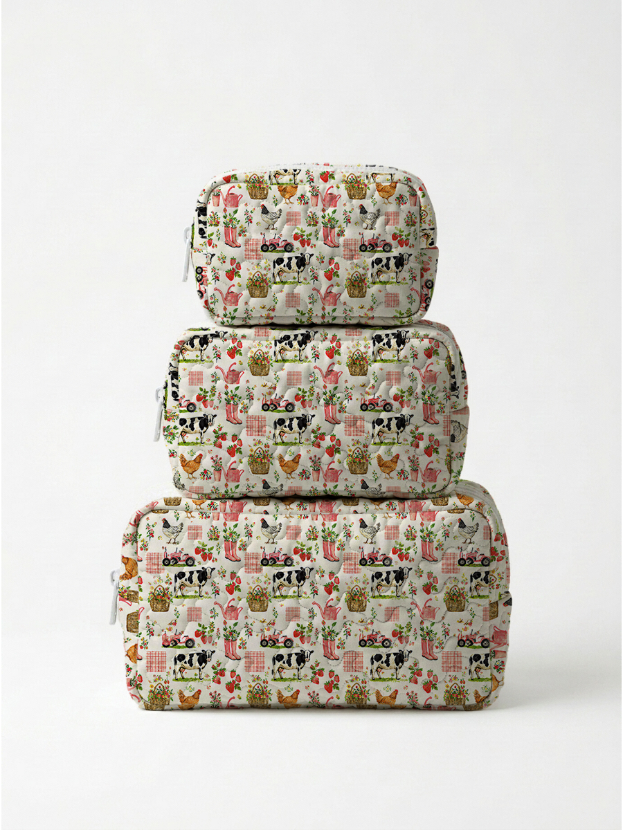 Watercolor Pink Farm Chicken Print Cloud Quilted Cosmetic Pouch