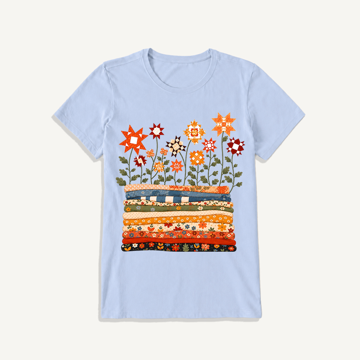 Patchwork Star Quilt Garden Print Crew Neck Cotton Tee