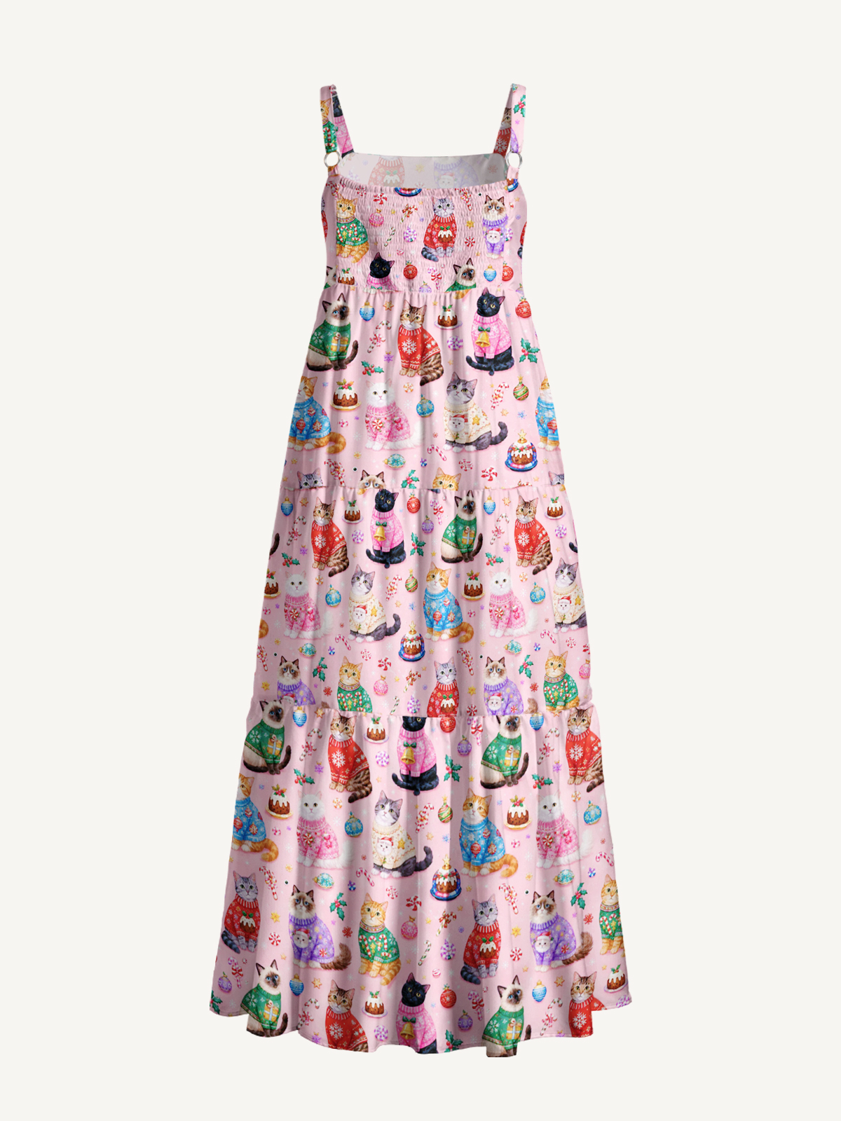 Christmas Sweater Cats Holiday Print Wide Straps Maxi Dress With Pockets