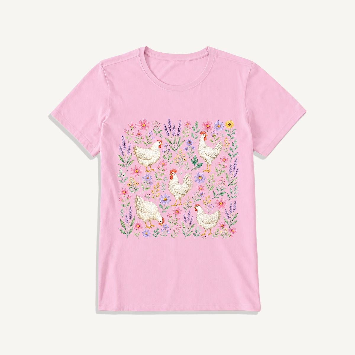 Blooming White Chicken Meadow Print Crew Neck Cotton Tee