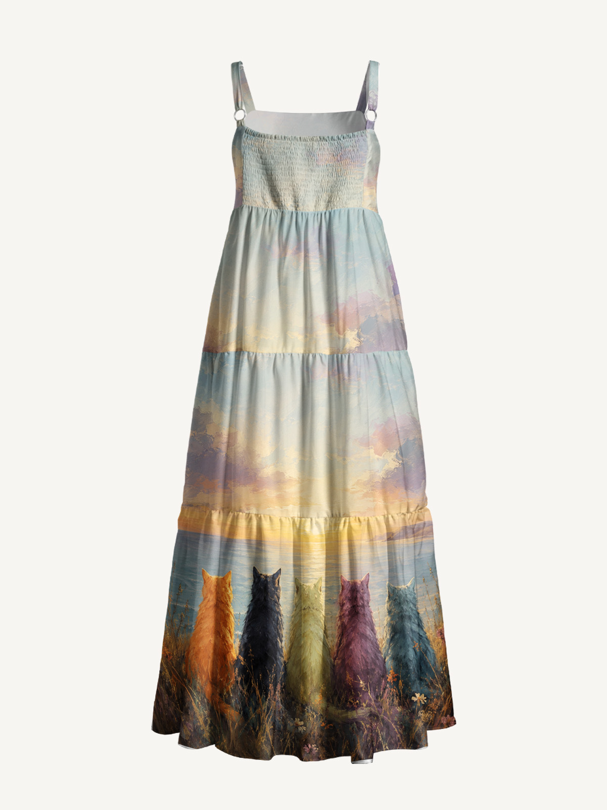 Sunset Cat Garden Art Print Wide Straps Maxi Dress With Pockets