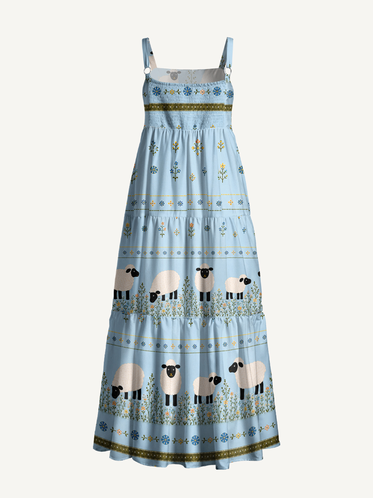 Blue Meadow Sheep Print Wide Straps Maxi Dress With Pockets