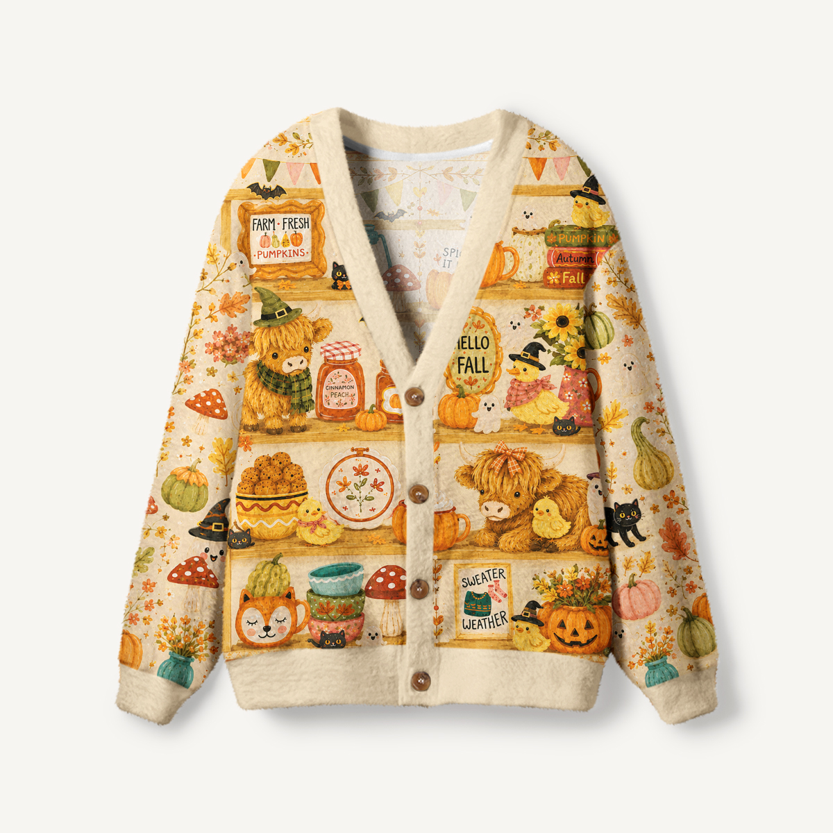 Cozy Autumn Shelves Print Halloween Ugly Cardigan Sweaters