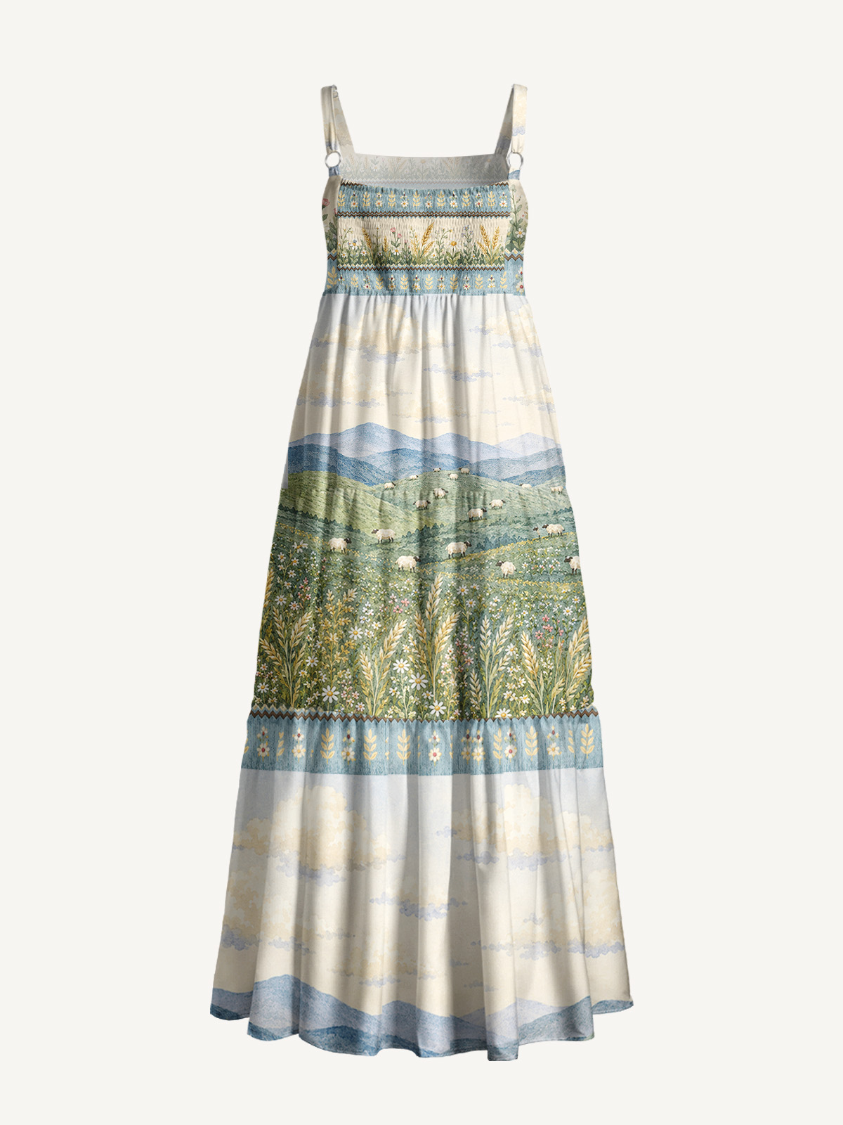 Cream Countryside Cow Border Print Wide Straps Maxi Dress With Pockets