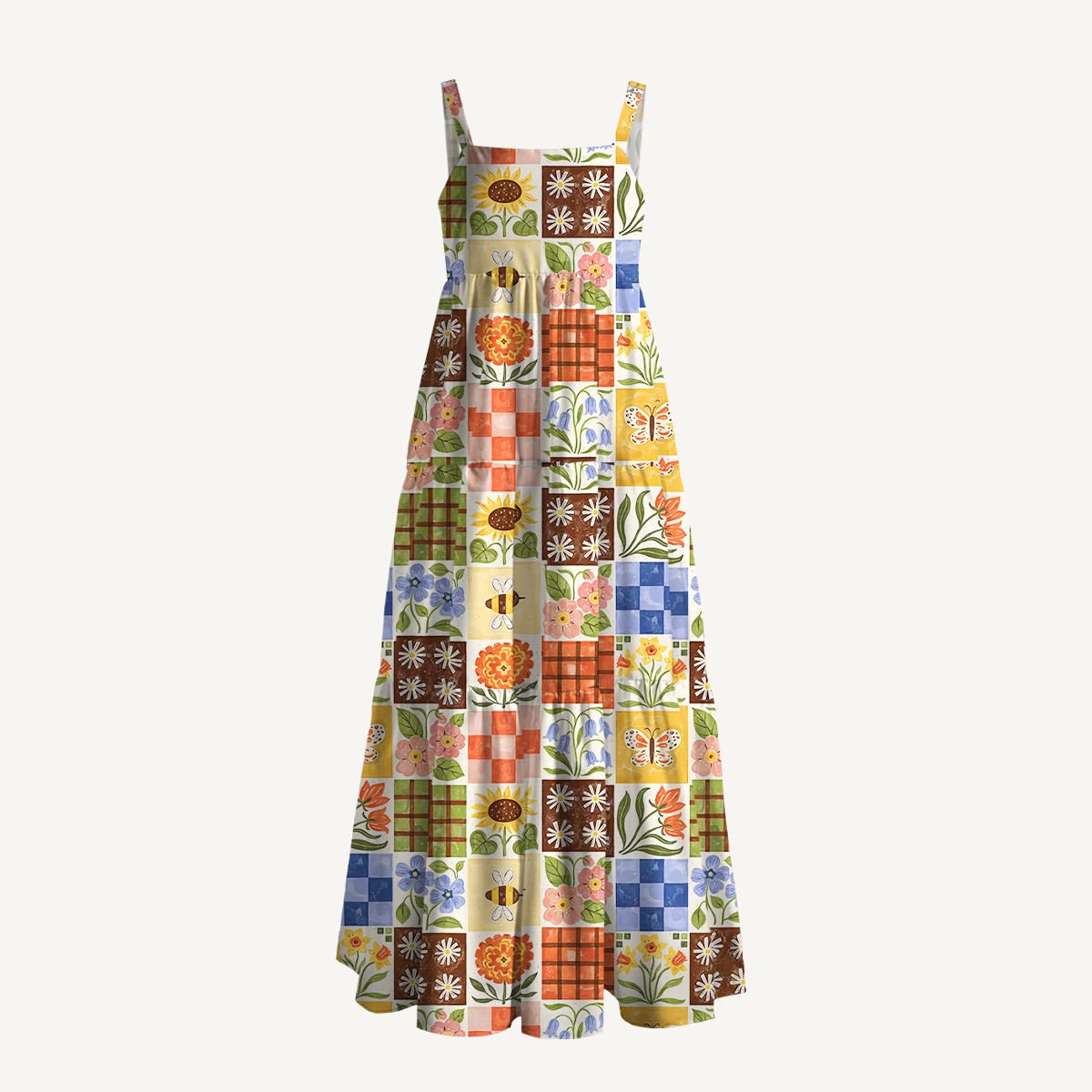 Vintage Patchwork Floral Print Wide Straps Maxi Dress With Pockets