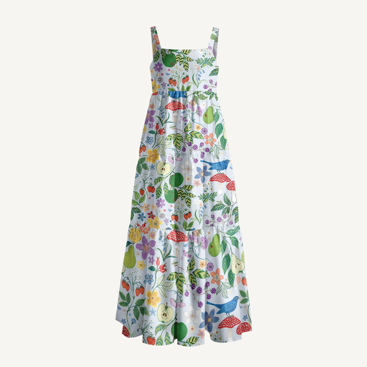 Birds Pear Mushroom Print Quilt Wide Straps Maxi Dress With Pockets