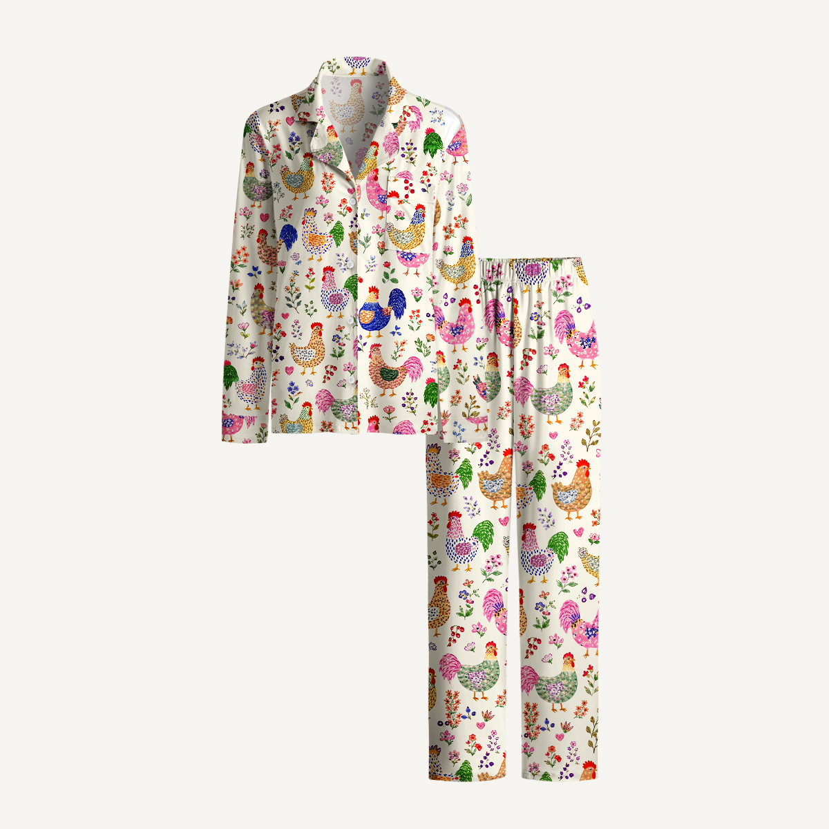 Colorful Farm Chickens Print Long Pajama Set 