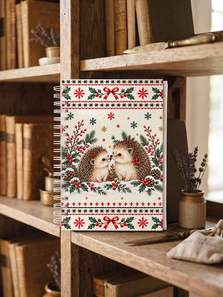 Cozy Christmas Hedgehogs Print A5 Spiral Notebook