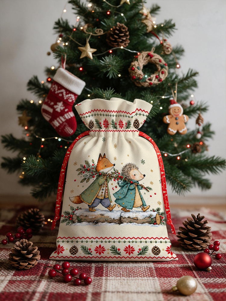 Christmas Fox & Hedgehog Reusable Drawstring Gift Bag
