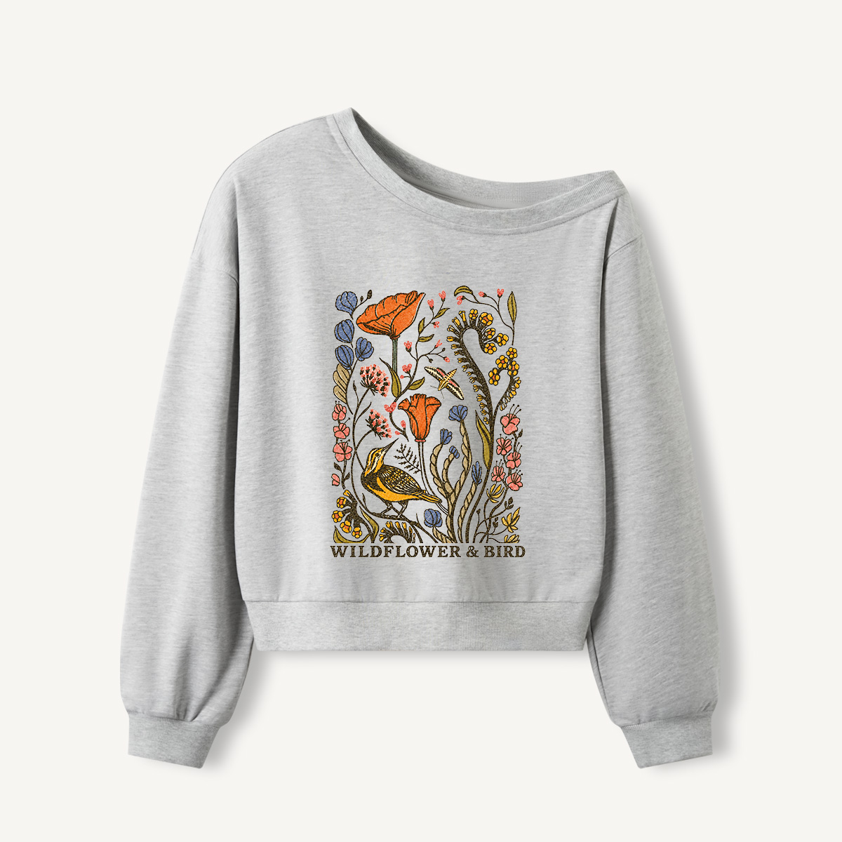 Wildflower and Bird Print Off Shoulder Sweatshirts 