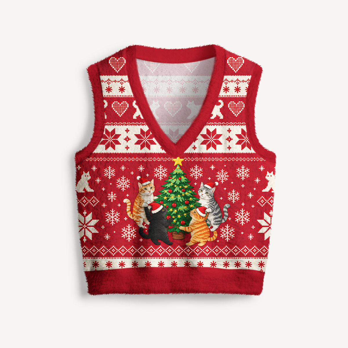 Cozy Red Cat Print V-Neck Sweater Vest