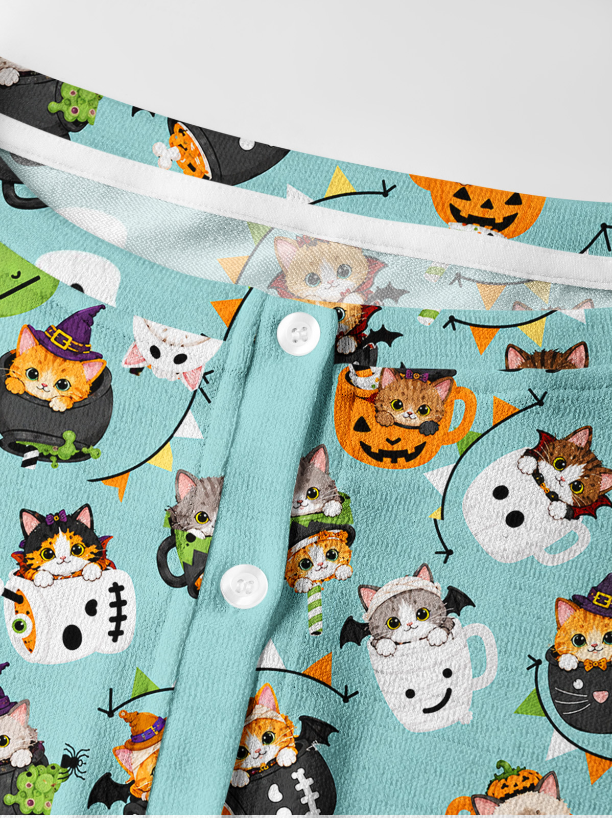 Lightweight Crew Neck Long‑Sleeve Cropped Mint Pumpkin Kitty Halloween Fun Print Fine‑Knit Cardigan