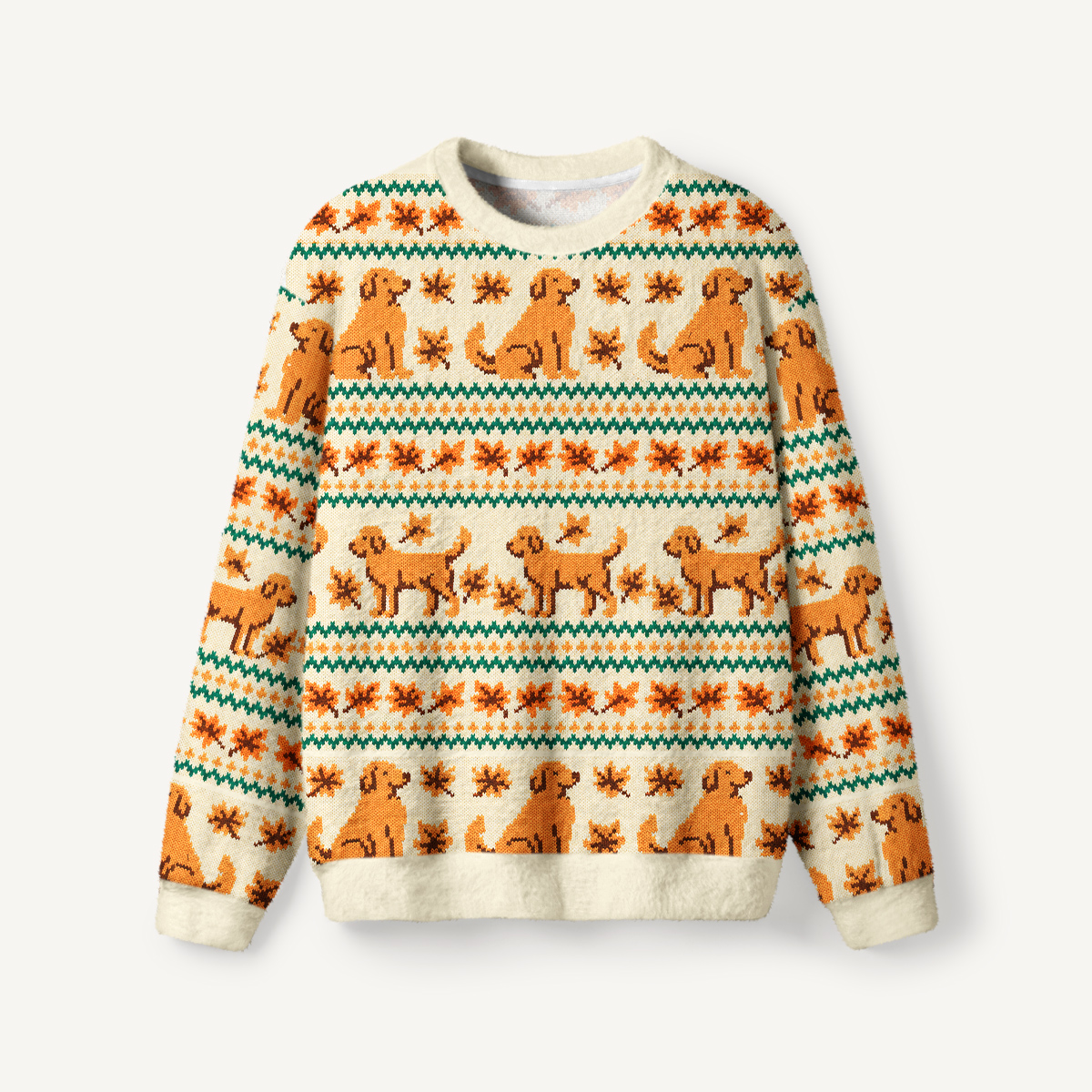 Autumn Dog & Falling Leaves Fuzzy Crewneck Sweater