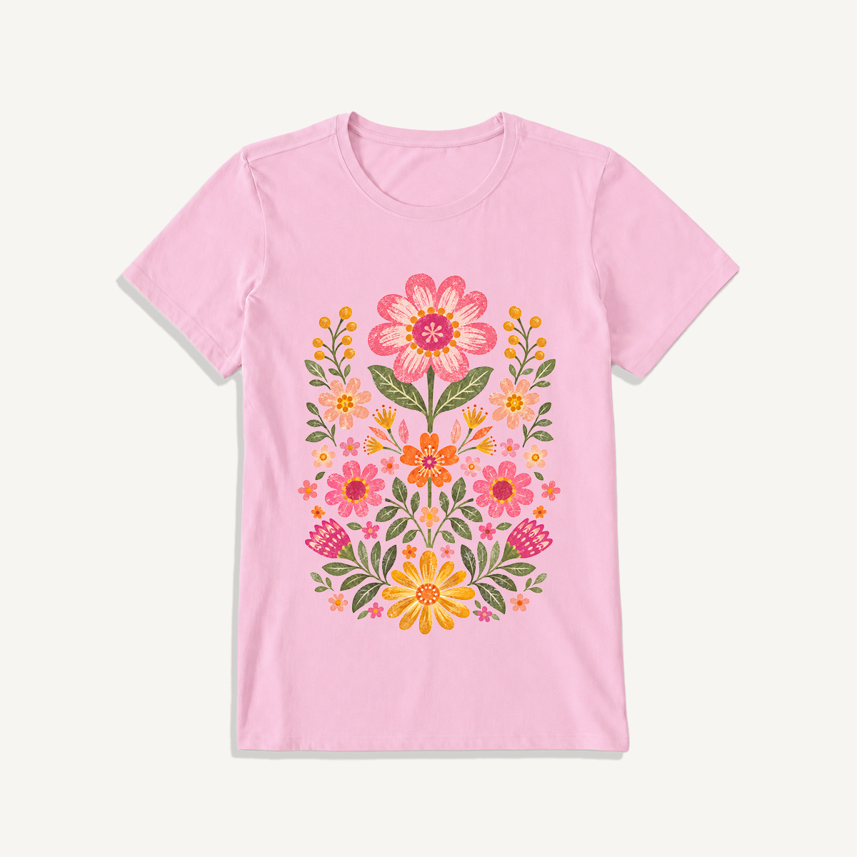 Retro Folk Garden Bloom Print Crew Neck Cotton Tee