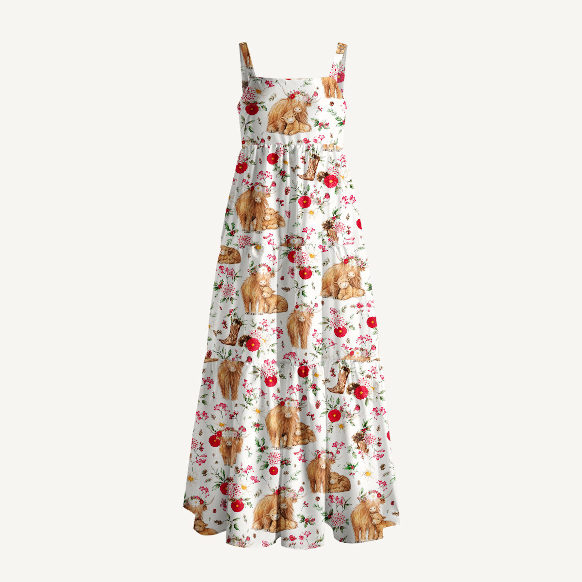 Strawberry Meadow Highland Cow Print Wide Straps Maxi Dress With Pockets