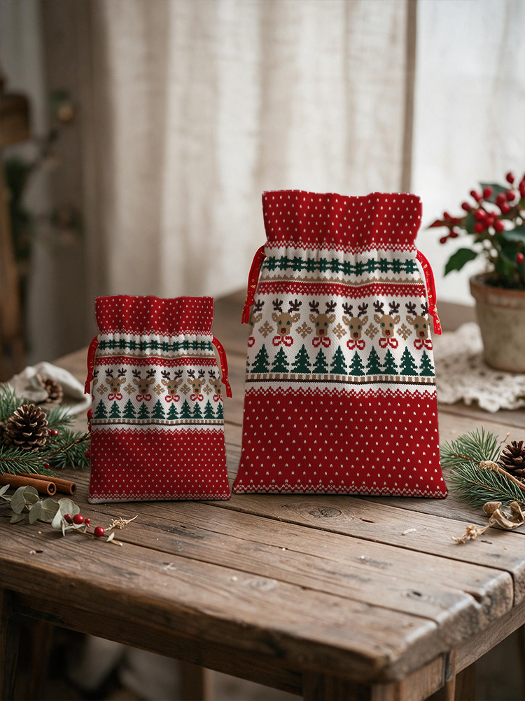 Christmas Reindeer & Pine Tree Reusable Drawstring Gift Bag