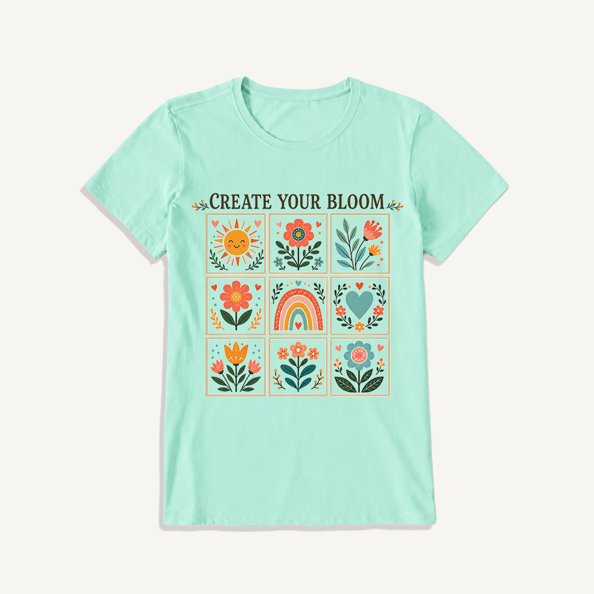 Folk Art Bloom Grid Print Crew Neck Cotton Tee