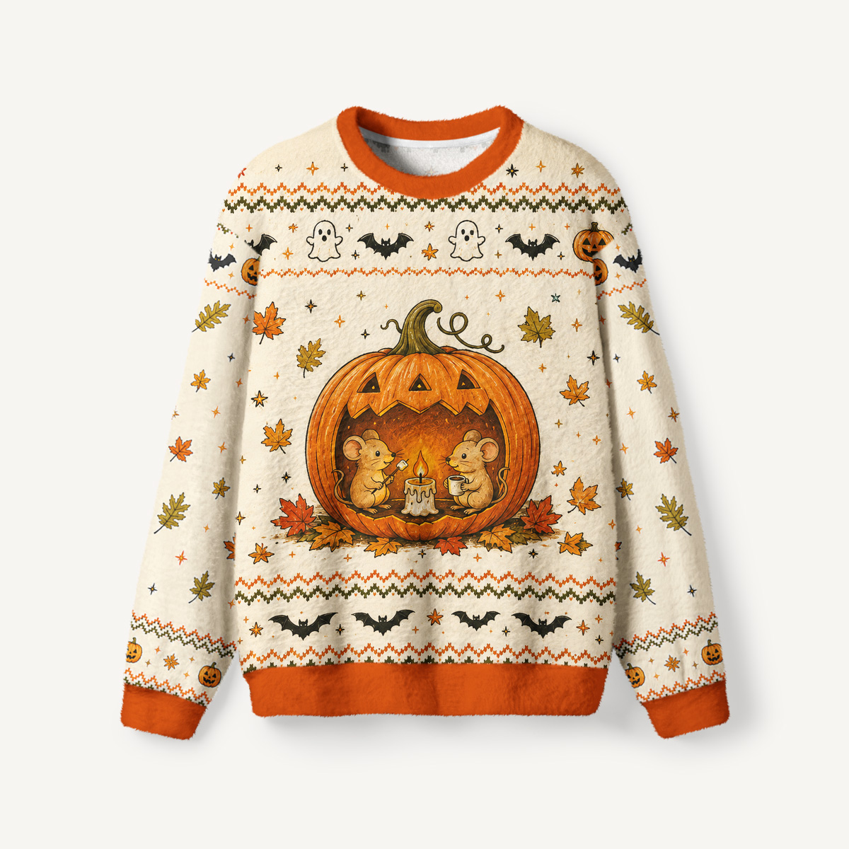 Cozy Pumpkin Mice Halloween Fuzzy Crewneck Sweater