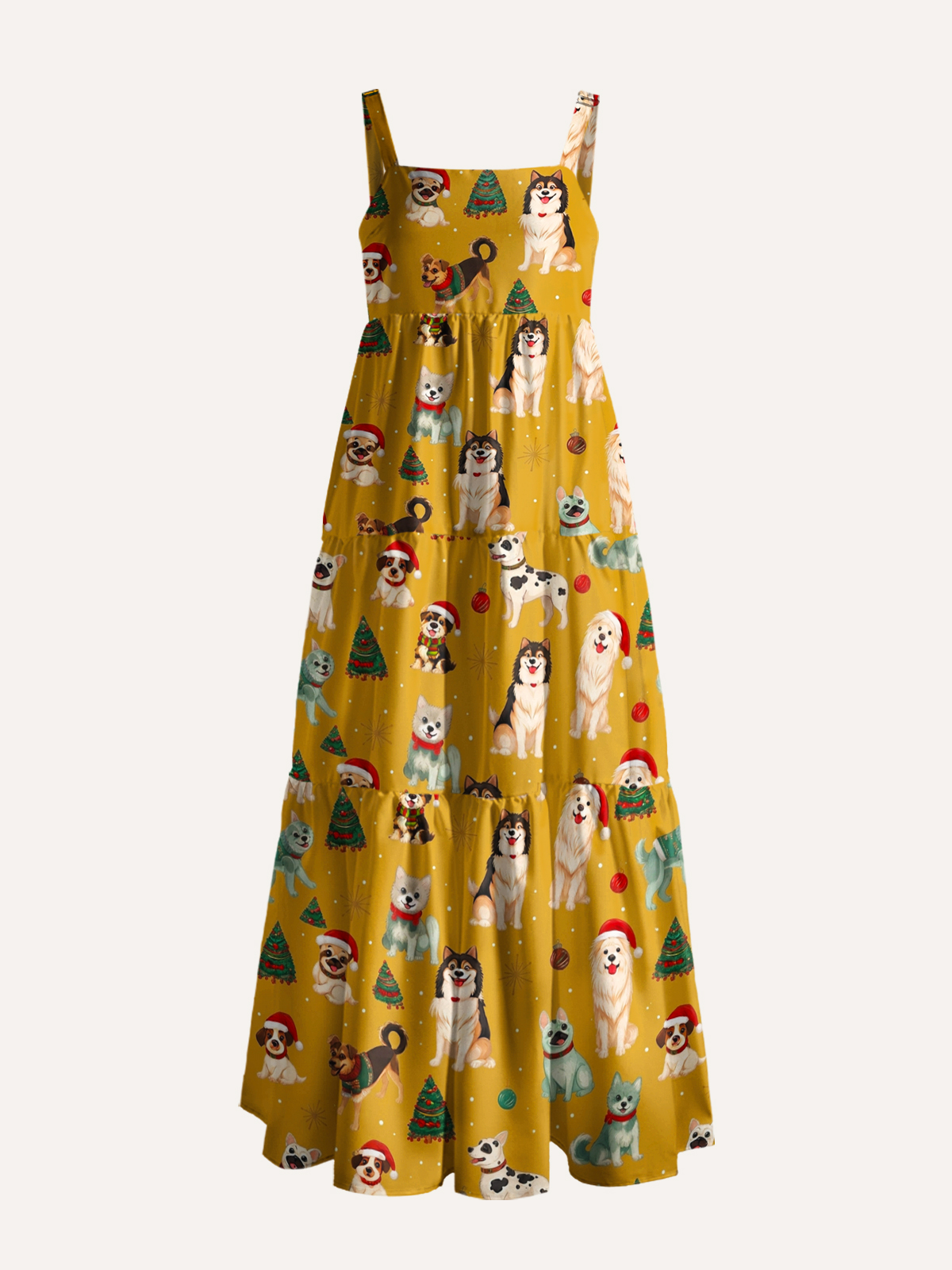 Christmas Puppies Holiday Print Wide Straps Maxi Dress With Pockets