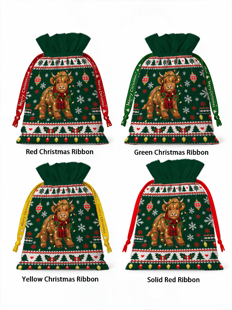 Christmas Cow Snowflake Reusable Drawstring Gift Bag