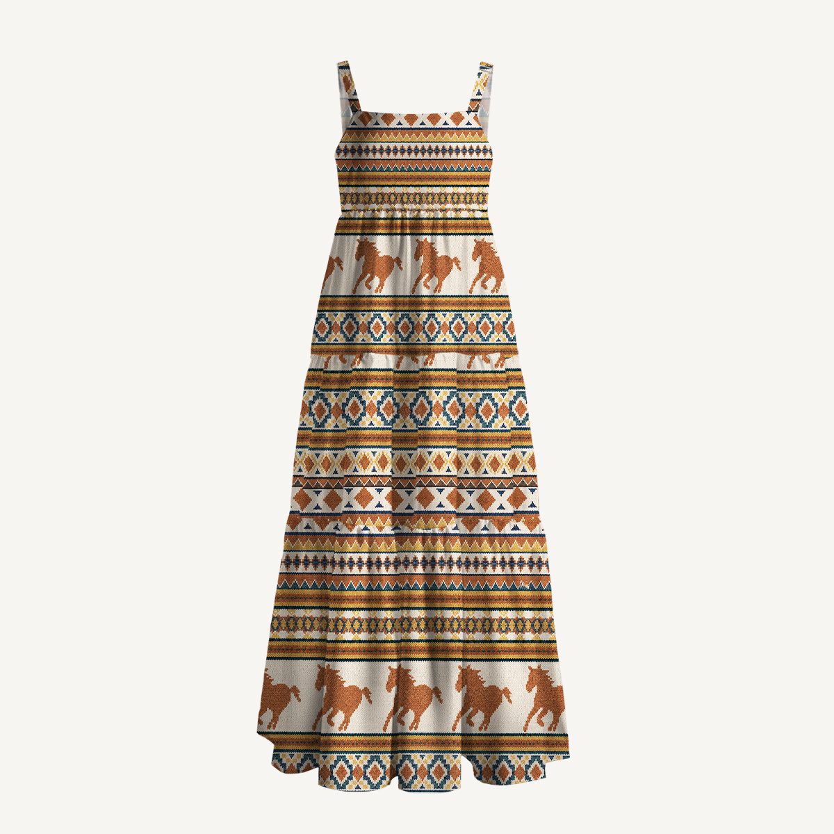 Running Horses Geometric Pattern Straps Maxi Dress With Pockets