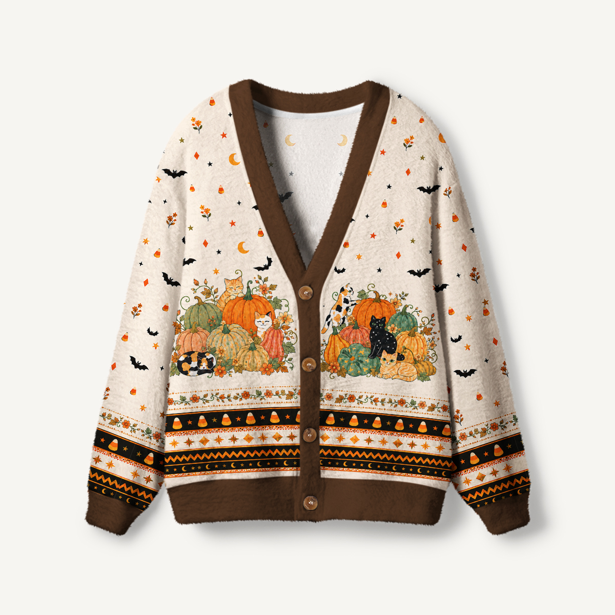 Pumpkin Patch Cats Print Ugly Cardigan Sweaters