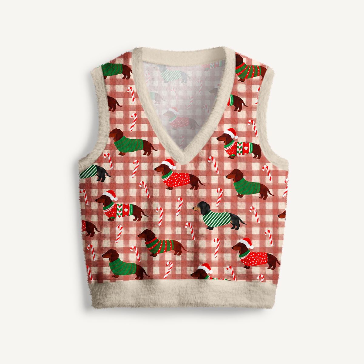 Cozy Dachshund Candy Cane Print V-Neck Sweater Vest