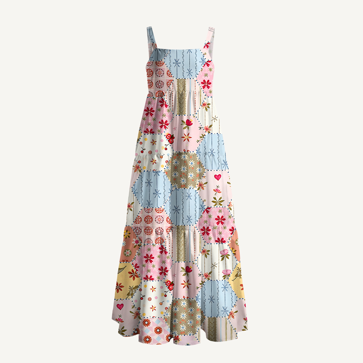 Retro Hexagon Patchwor Print Wide Straps Maxi Dress With Pockets