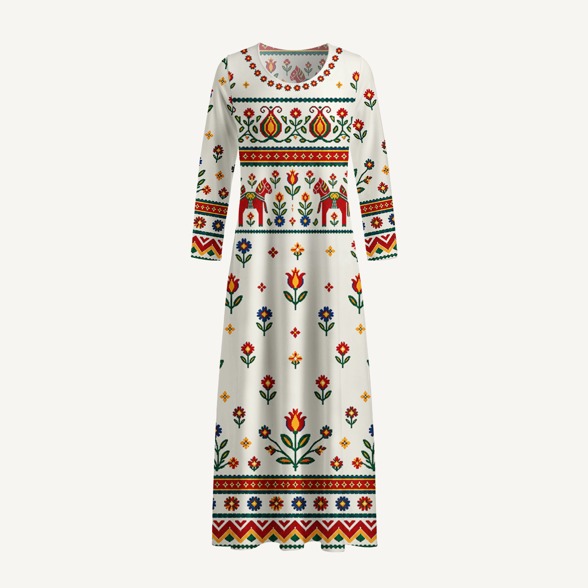 Scandinavian Folk Horse & Tulip Long Sleeve Maxi Dress with Pockets