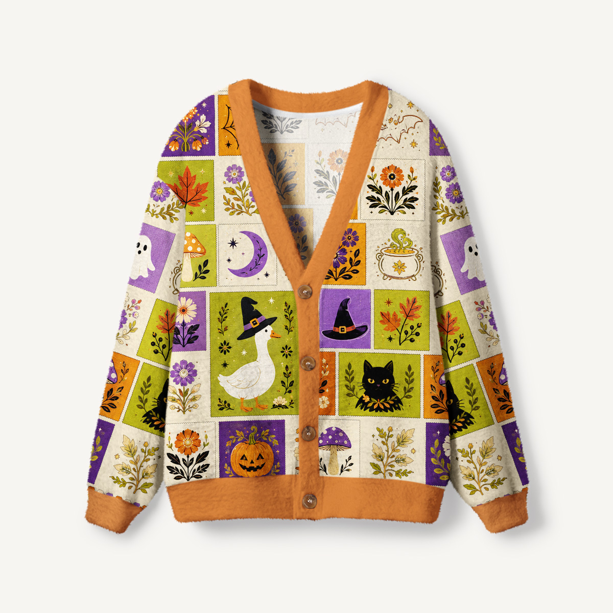 Halloween Pumpkin Goose Garden Patchwork Print Ugly Cardigan Sweaters