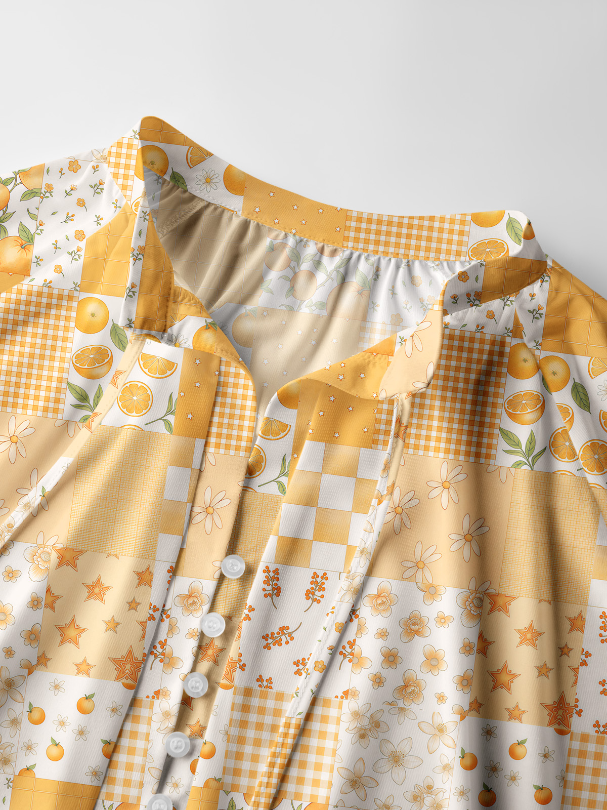 Lemon Sunshine Patchwork Print Boho Long Sleeve Tie‑Neck Blouse