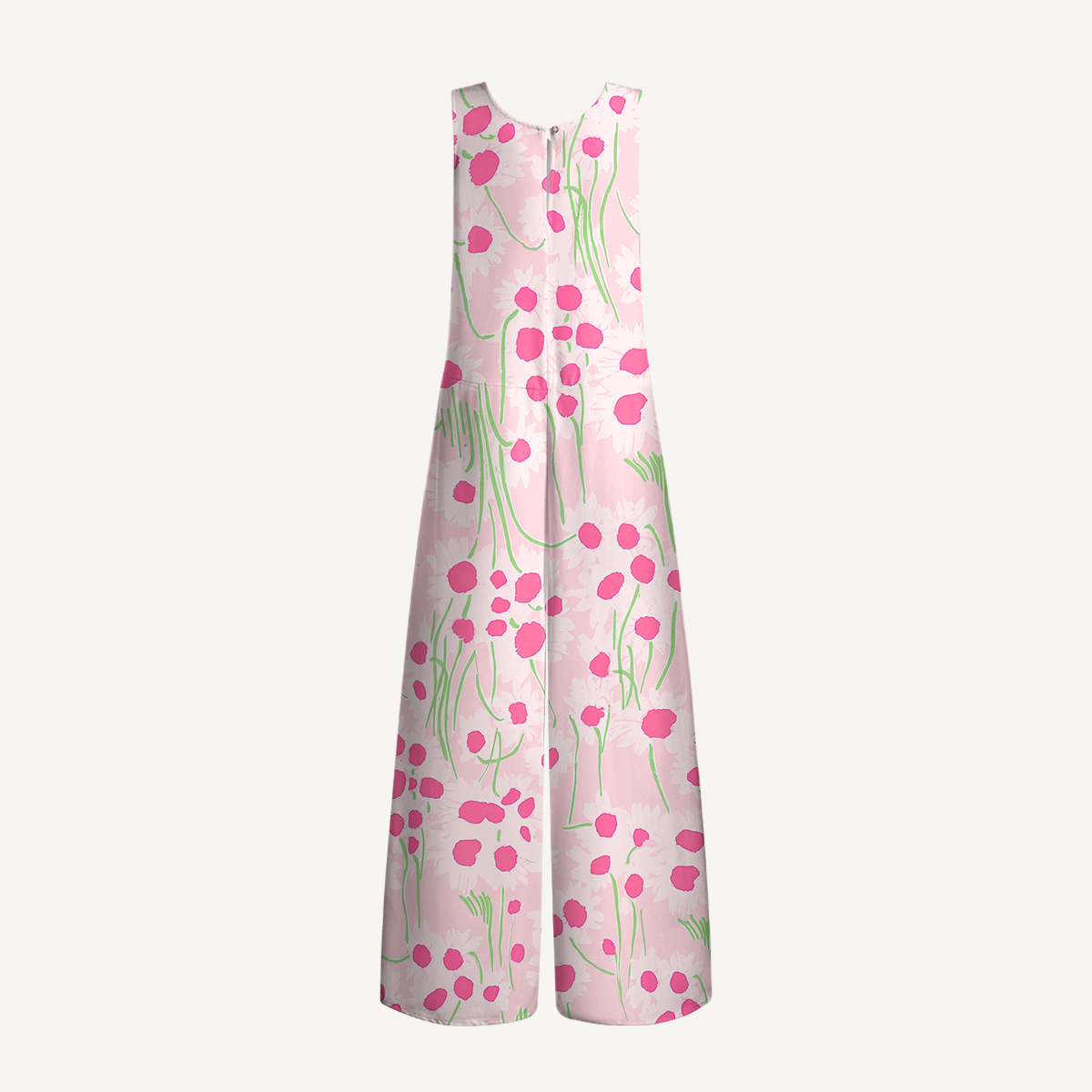 V-Neck Pink Daisy Boho Jumpsuit with Pockets for Women