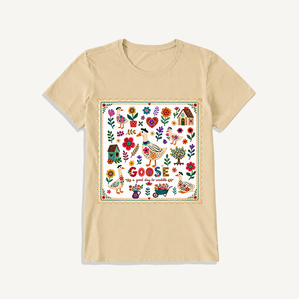 Floral Goose Garden Print Crew Neck Cotton Tee