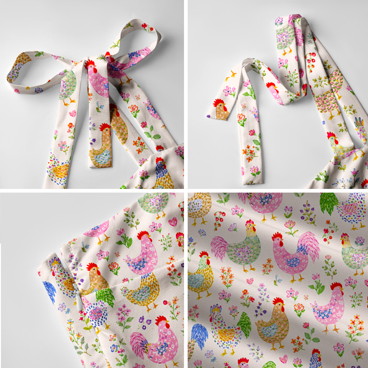 Colorful Farm Chickens Print Bow Strap Maxi Dress
