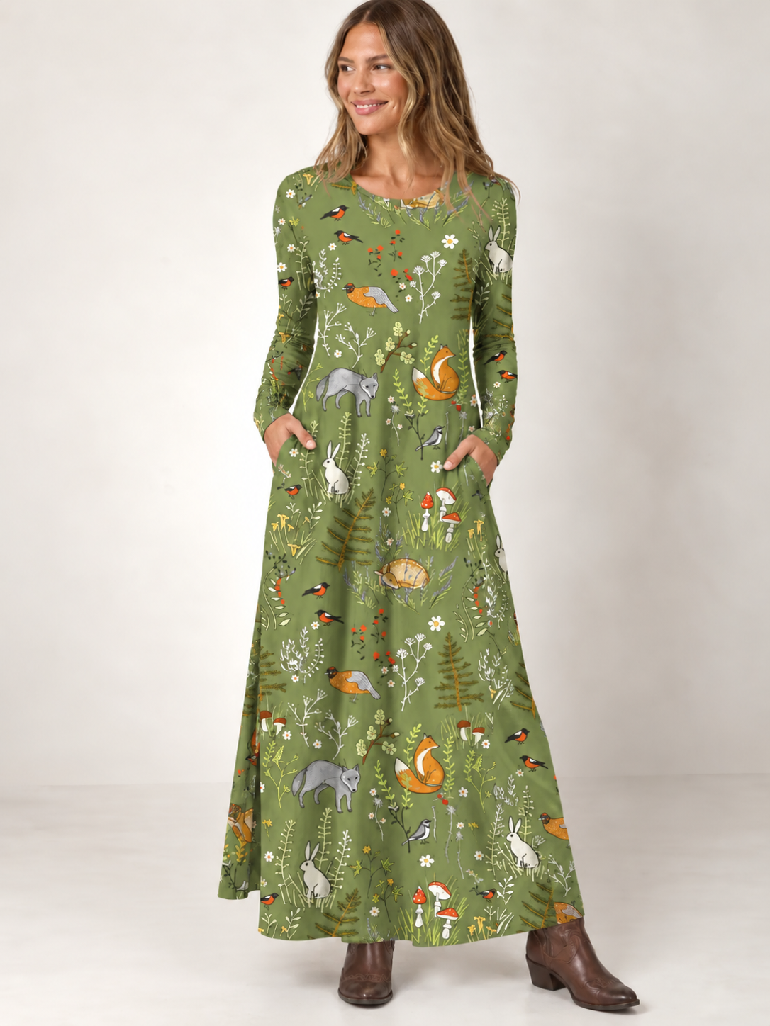 Whimsical Woodland Animals Print Soft-Touch Stretch Knit Long Sleeve Maxi Dress with Pockets