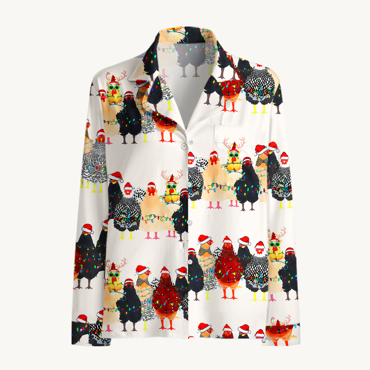 Festive Christmas Chicken Print Long Pajama Set 