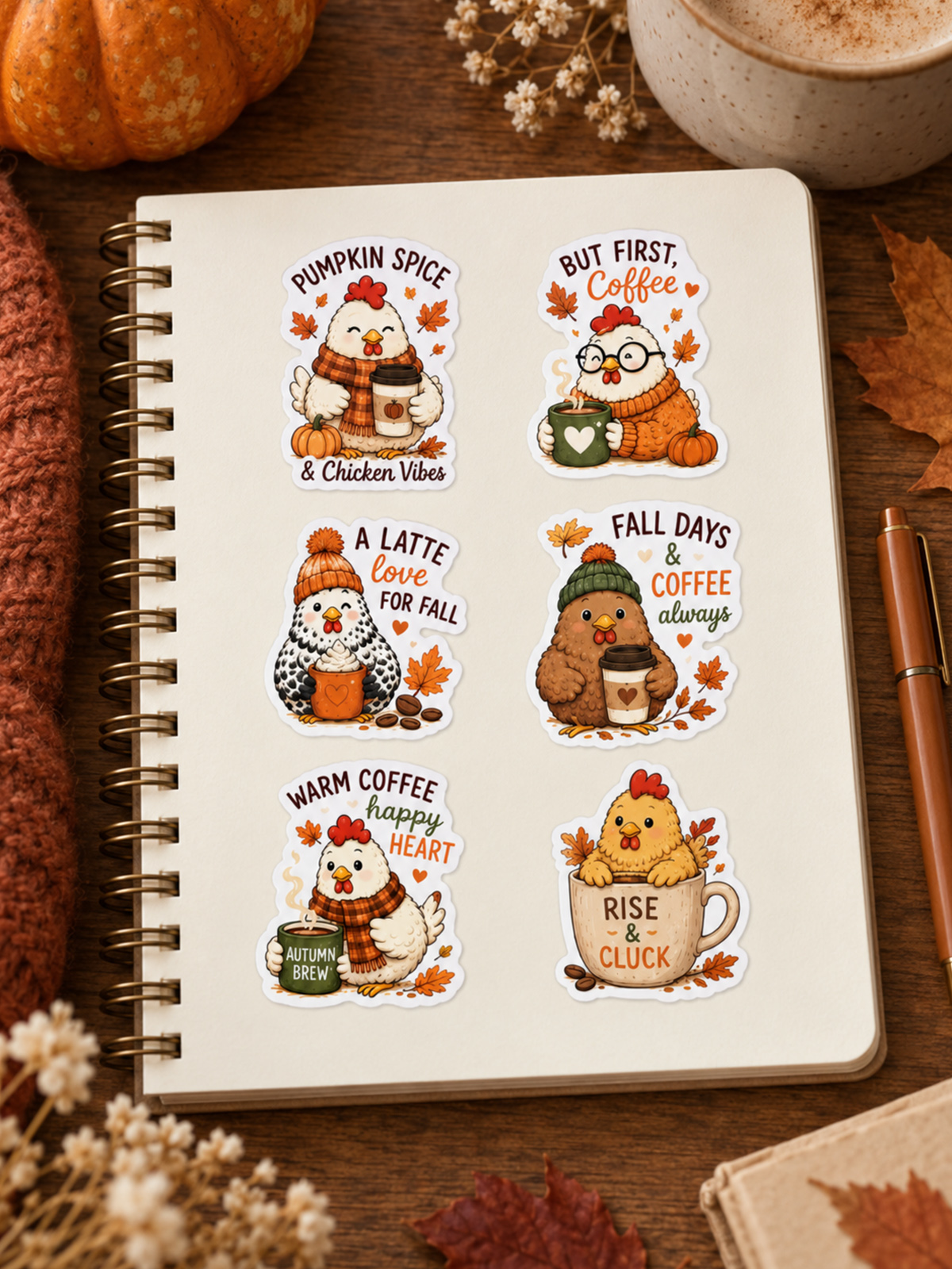 Cozy Fall Coffee Chickens Stickers