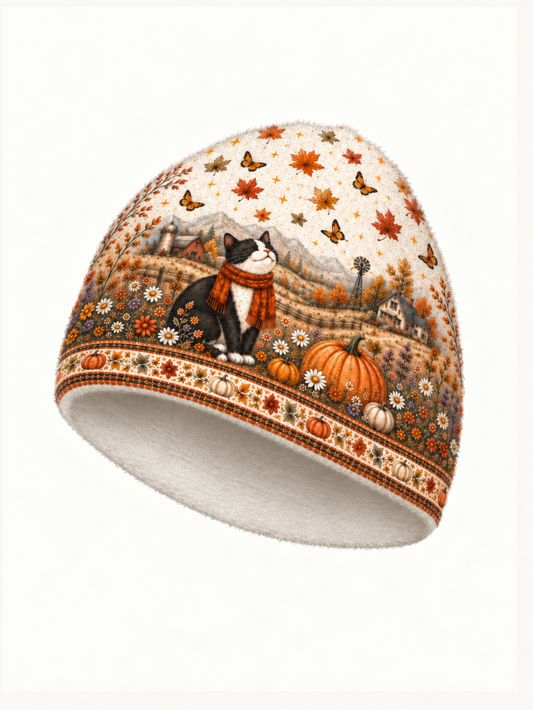 Autumn Pumpkin Field Black Cat Cozy Fuzzy Beanie