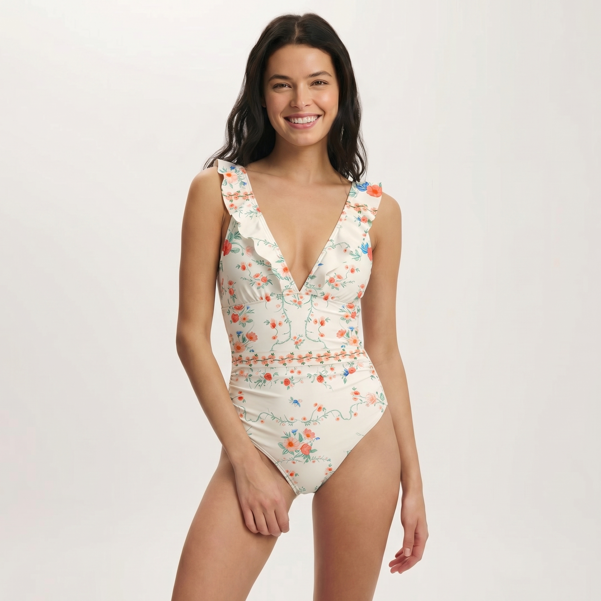 Wild Bloom Ruffled V Neck One Piece Swimsuit and Matching Midi Skirt Set